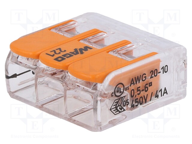 Pluggable Terminal Block, 3 Ways, 20AWG to 10AWG, 6 mm², Push In Lock, 41 A
