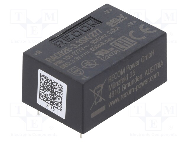 Converter: AC/DC; 2W; Uout: 3.3VDC; Iout: 600mA; 68%; Mounting: PCB