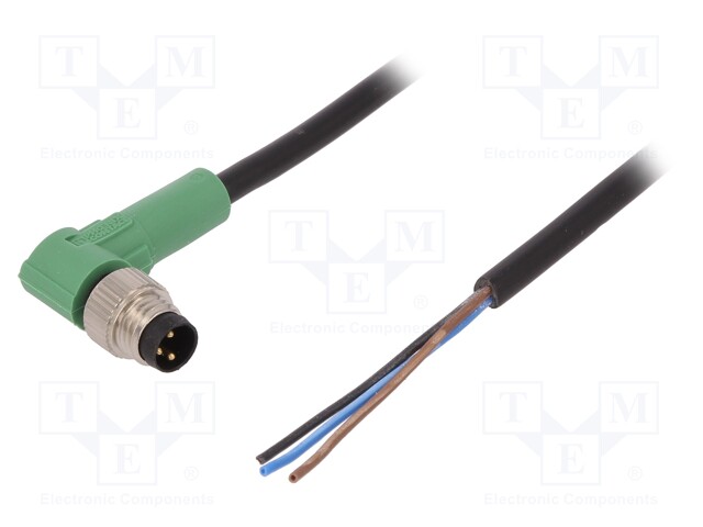 Connection lead; M8; PIN: 3; angled; 10m; plug; 250VAC; 4A; -25÷90°C