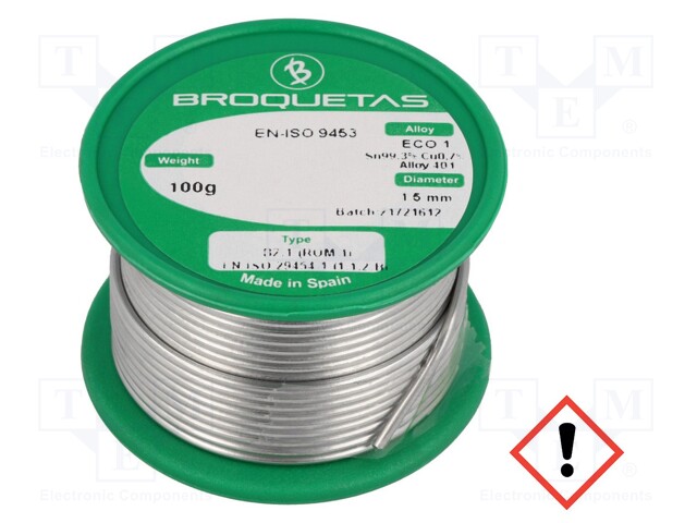 Soldering wire; Sn99,3Cu0,7; 1.5mm; 0.1kg; lead free; 217÷227°C