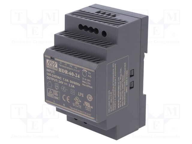 Power supply: switched-mode; 60W; 24VDC; 21.6÷29VDC; 2.5A; 190g