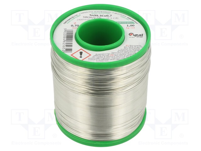 Soldering wire; Sn99,3Cu0,7; 0.7mm; 1000g; lead free; 227°C; 2.2%