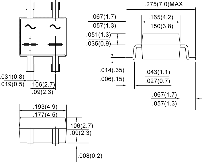 Bridge rectifier: single-phase; 200V; If: 0.5A; Ifsm: 30A; DB-1MS