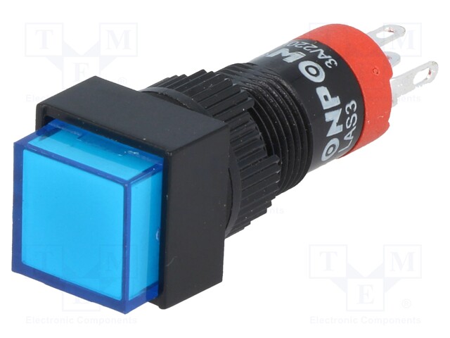 Switch: push-button; Pos: 2; SPDT; 0.5A/250VAC; 1A/24VDC; blue; blue