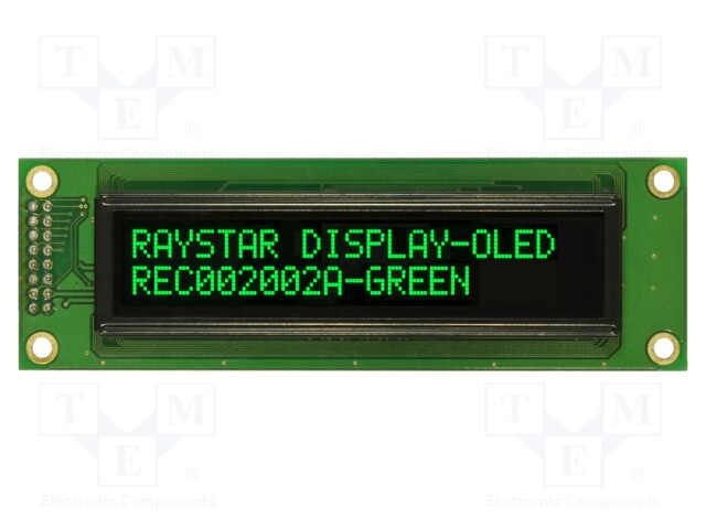 Display: OLED; alphanumeric; 20x2; Dim: 116x37x9.8mm; green; PIN: 16