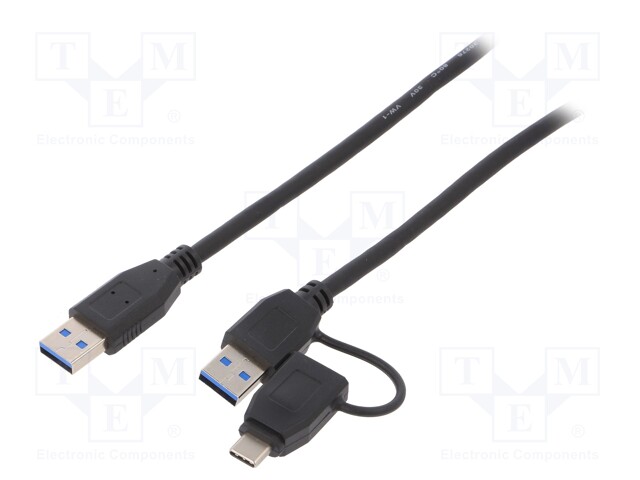 Cable; USB 3.0; USB A plug x2,USB C plug; 1m; black