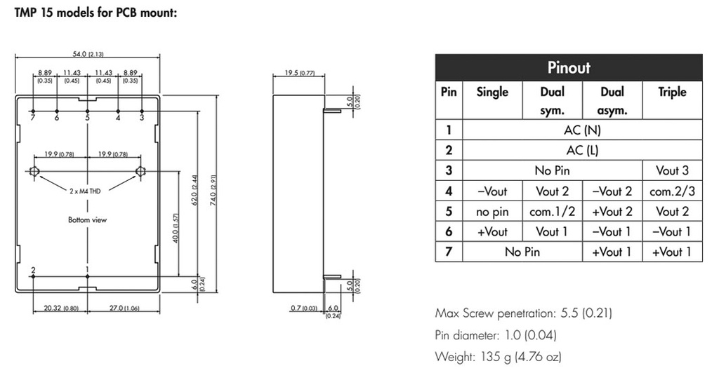 Converter: AC/DC; 15W; Uout: 15VDC; Iout: 500mA; 79%; Mounting: PCB