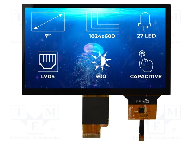 Display: TFT; 7"; 1024x600; Illumin: LED; Dim: 164.9x100x8.1mm