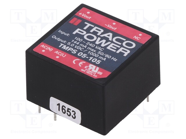 Converter: AC/DC; 5W; Uout: 5VDC; Iout: 1000mA; 80%; Mounting: PCB
