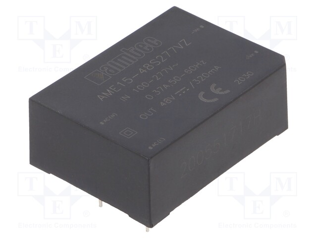 Converter: AC/DC; 15W; Uout: 48VDC; Iout: 0.32A; 85%; Mounting: PCB