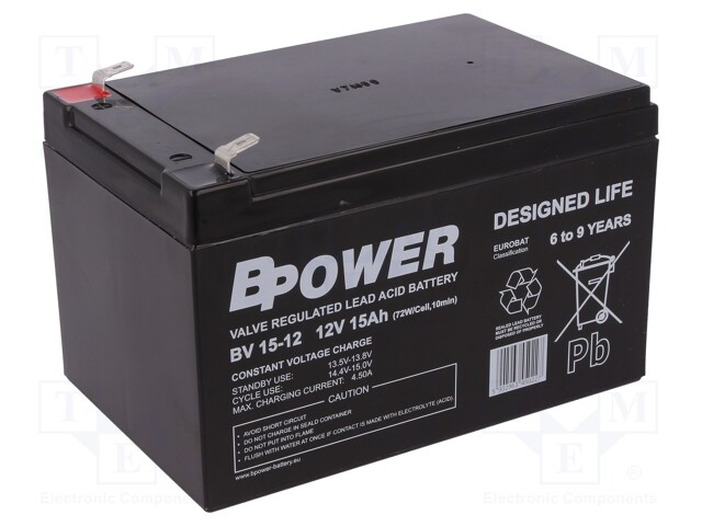 Re-battery: acid-lead; 12V; 15Ah; AGM; maintenance-free; 72W