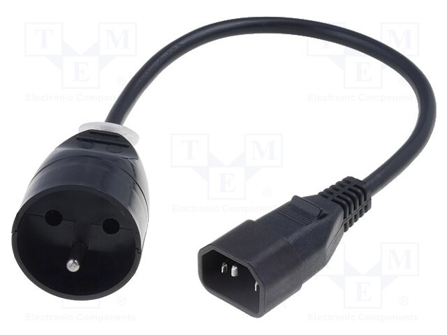 Cable; CEE 7/5 (E) socket,IEC C14 male; 0.3m; Sockets: 1; black