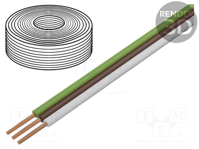 Wire: ribbon; stranded; Cu; 3x0,25mm2; PVC; white,brown,green; 350V