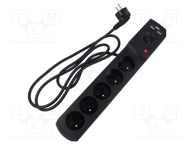 Plug socket strip: protective; Sockets: 5; 230VAC; 10A; black; 1.5m