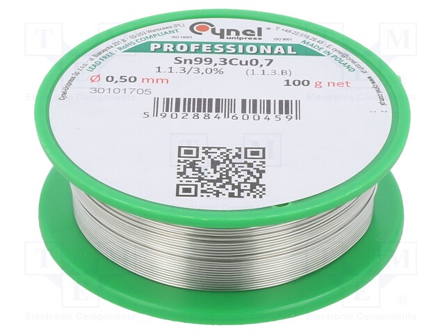 Soldering wire; Sn99,3Cu0,7; 0.5mm; 100g; lead free; Package: reel