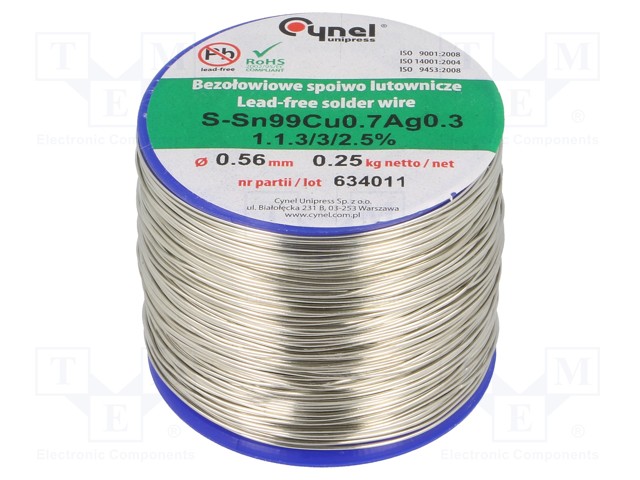 Soldering wire; Sn99Ag0,3Cu0,7; 560um; 250g; lead free; 216÷227°C