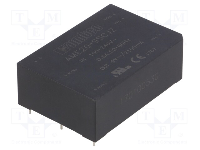 Converter: AC/DC; 20W; Uout: 9VDC; Iout: 2.1A; 77%; Mounting: PCB