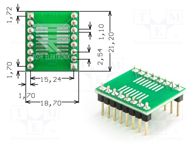 IC Adapter, PCB, 16-SOIC to 16-DIP, 15.24 mm Row Pitch, 2.54 mm Spacing