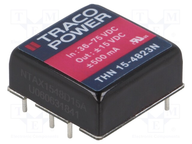 Converter: DC/DC; 15W; Uin: 36÷75V; Uout: 15VDC; Uout2: -15VDC; 1"x1"