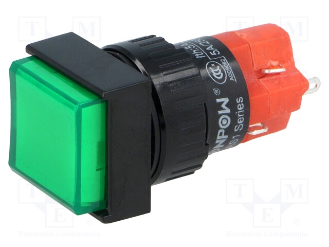 Switch: push-button; Pos: 2; SPDT; 3A/250VAC; 2A/24VDC; green; green