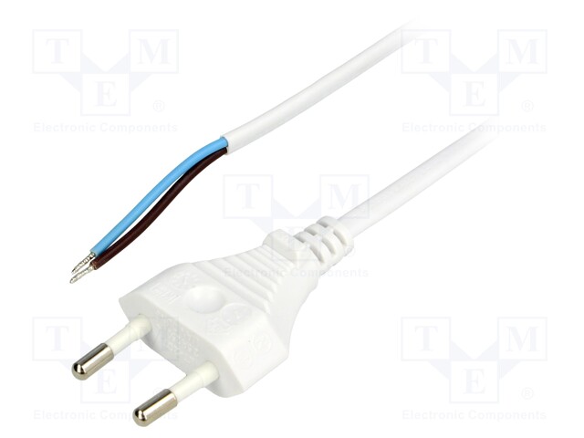 Cable; CEE 7/16 (C) plug,wires; 2.5m; white; PVC; 2x0,75mm2; 2.5A