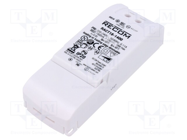 Power supply: switched-mode; LED; 18W; 6.5÷13VDC; 1400mA; IP20