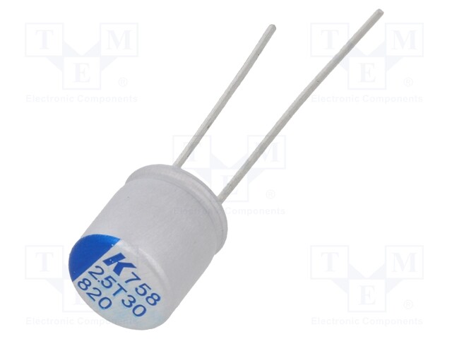 Polymer Aluminium Electrolytic Capacitor, 820 µF, 2.5 V, Radial Leaded, A758 Series, 0.015 ohm