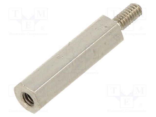 Screwed spacer sleeve; Int.thread: M2; 15mm; Ext.thread: M2; brass