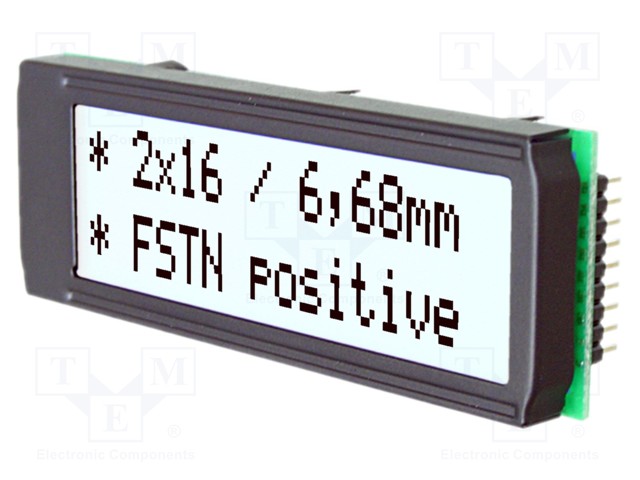 Display: LCD; alphanumeric; FSTN Positive; 16x2; 68x26.8mm; LED