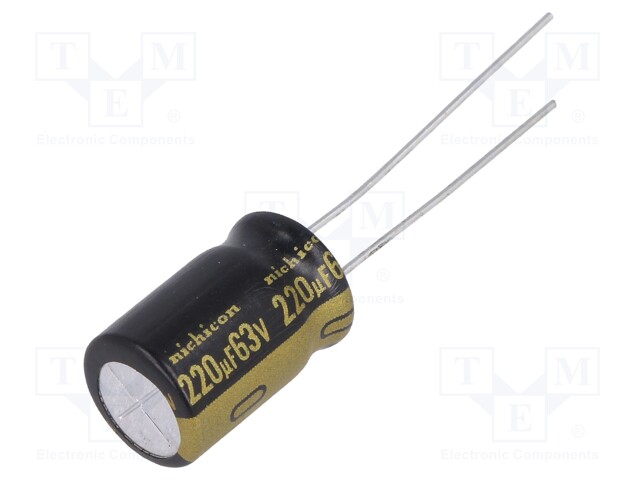 Capacitor: electrolytic; THT; 220uF; 63VDC; Ø10x16mm; Pitch: 5mm