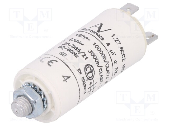 Capacitor: motors, run; 4uF; 420VAC; Ø25x56.5mm; -25÷85°C; ±5%