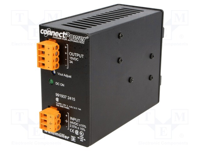 Power supply: DC/DC; 45W; 15VDC; 3A; 18÷30VDC; Mounting: DIN; 417g