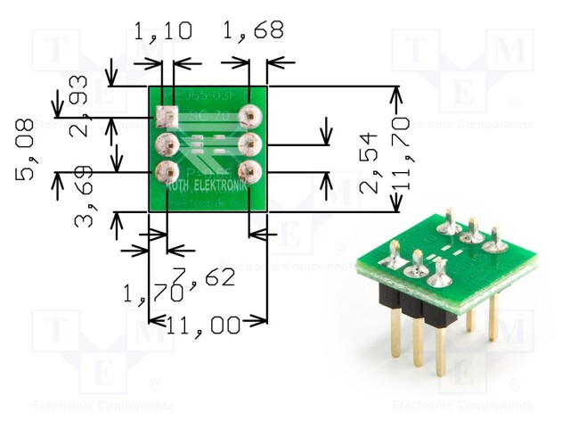 IC Adapter, PCB, 6-SC70, 7.62 mm Row Pitch, 2.54 mm Spacing