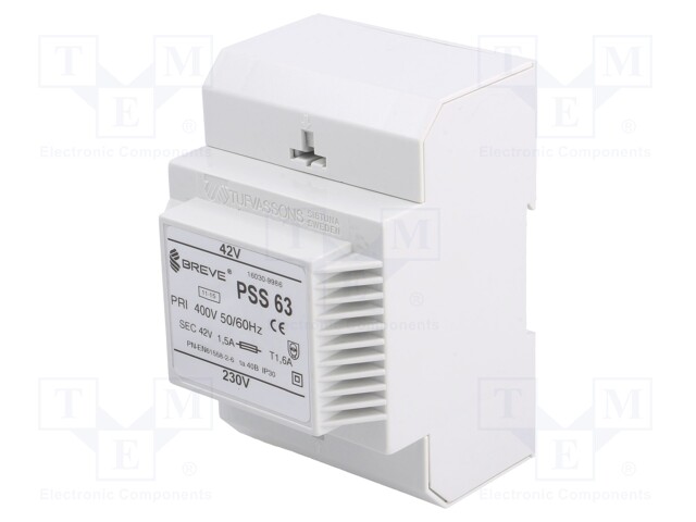 Transformer: safety; 63VA; 230VAC; 42V; IP30; Mounting: DIN; 1.1kg