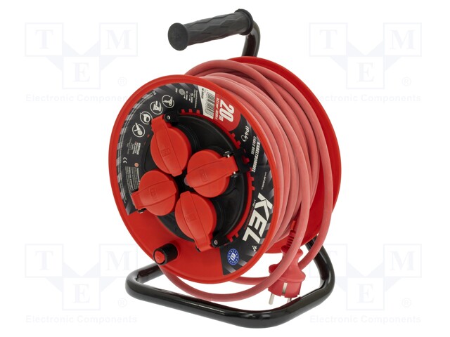 Extension lead; reel; Sockets: 4; rubber; red; 3x1,5mm2; 20m; 16A