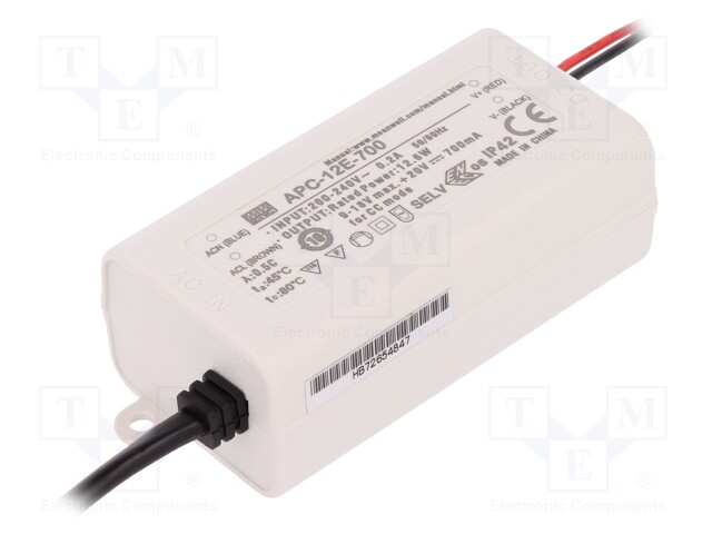 Power supply: switched-mode; LED; 12.6W; 9÷18VDC; 700mA; IP42; 80g