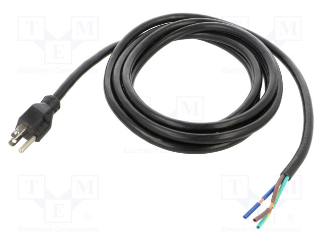 Cable; NEMA 5-15 (B) plug,wires; PVC; 3m; black; 3x14AWG; 15A; 125V