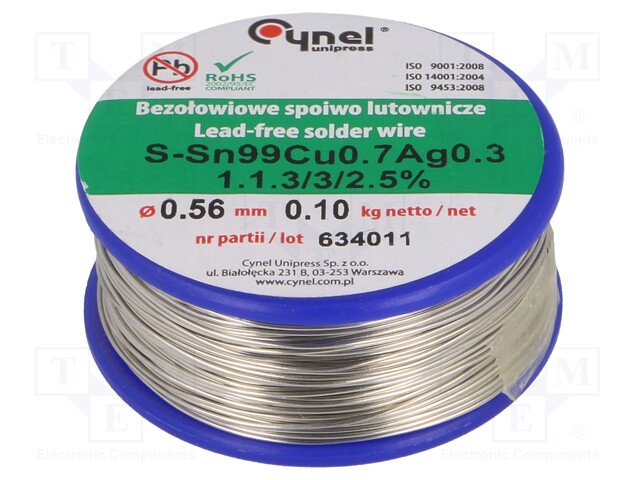 Soldering wire; Sn99Ag0,3Cu0,7; 560um; 100g; lead free; 216÷227°C