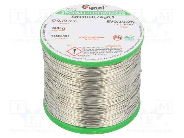 Soldering wire; Sn99Ag0,3Cu0,7; 700um; 500g; lead free; 216÷227°C