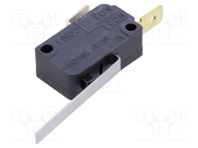 Microswitch, Miniature, Straight Lever, SPST-NC, Quick Connect, 15.1 A
