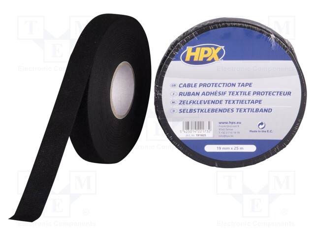 Tape: insulation; W: 19mm; L: 10m; D: 0.3mm; black; rubber; polyester