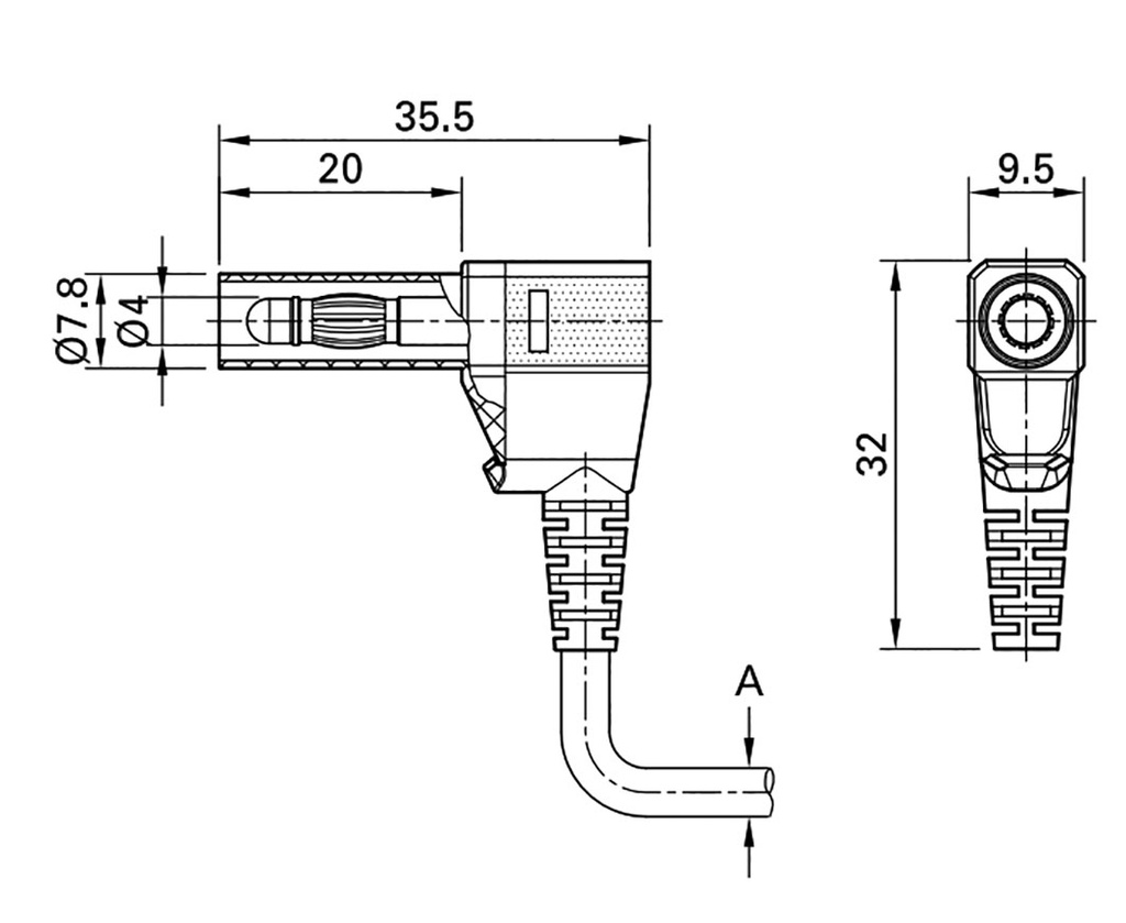 Plug; 4mm banana; 32A; violet; angled,insulated; nickel plated