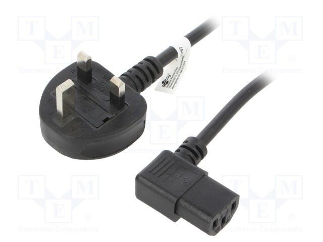 Cable; BS 1363 (G) plug,IEC C13 female 90°; PVC; 2m; black; 10A