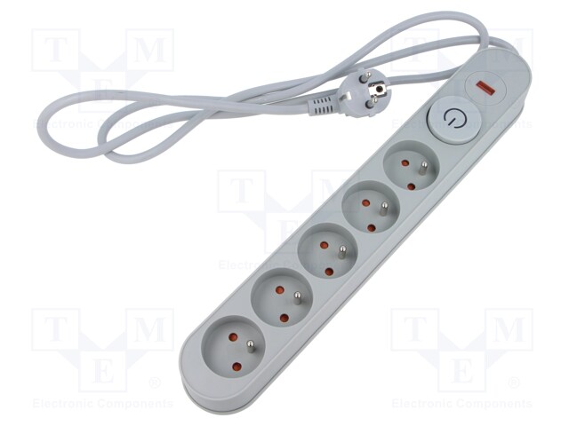 Plug socket strip: protective; Sockets: 5; 230VAC; 10A; grey; 3m