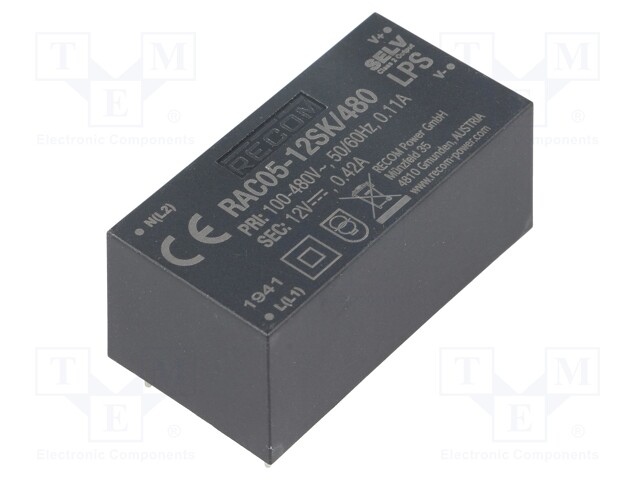 Converter: AC/DC; 5W; Uout: 12VDC; Iout: 420mA; 65%; Mounting: PCB