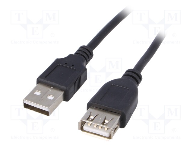 Cable; USB 2.0; USB A socket,USB A plug; nickel plated; 3m; black