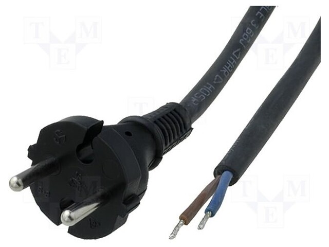 Cable; CEE 7/17 (C) plug,wires; 1.5m; black; rubber; 2x1mm2; 16A