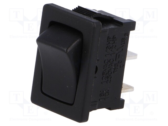 ROCKER; SPST; Pos: 2; OFF-ON; 10A/250VAC; black; none; 50mΩ; UL94V-2