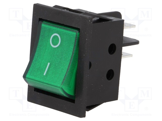 ROCKER; DPST; Pos: 2; OFF-ON; 15A/250VAC; green; neon lamp; 35mΩ