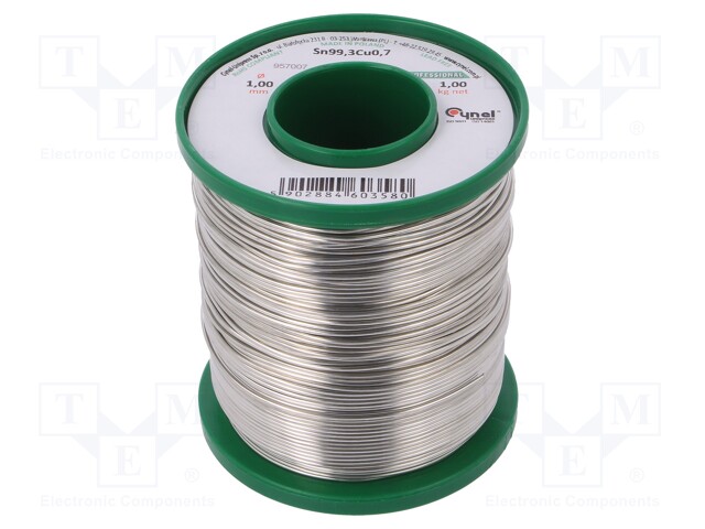 Solid,soldering wire; Sn99,3Cu0,7; 1mm; 1kg; lead free; 227°C